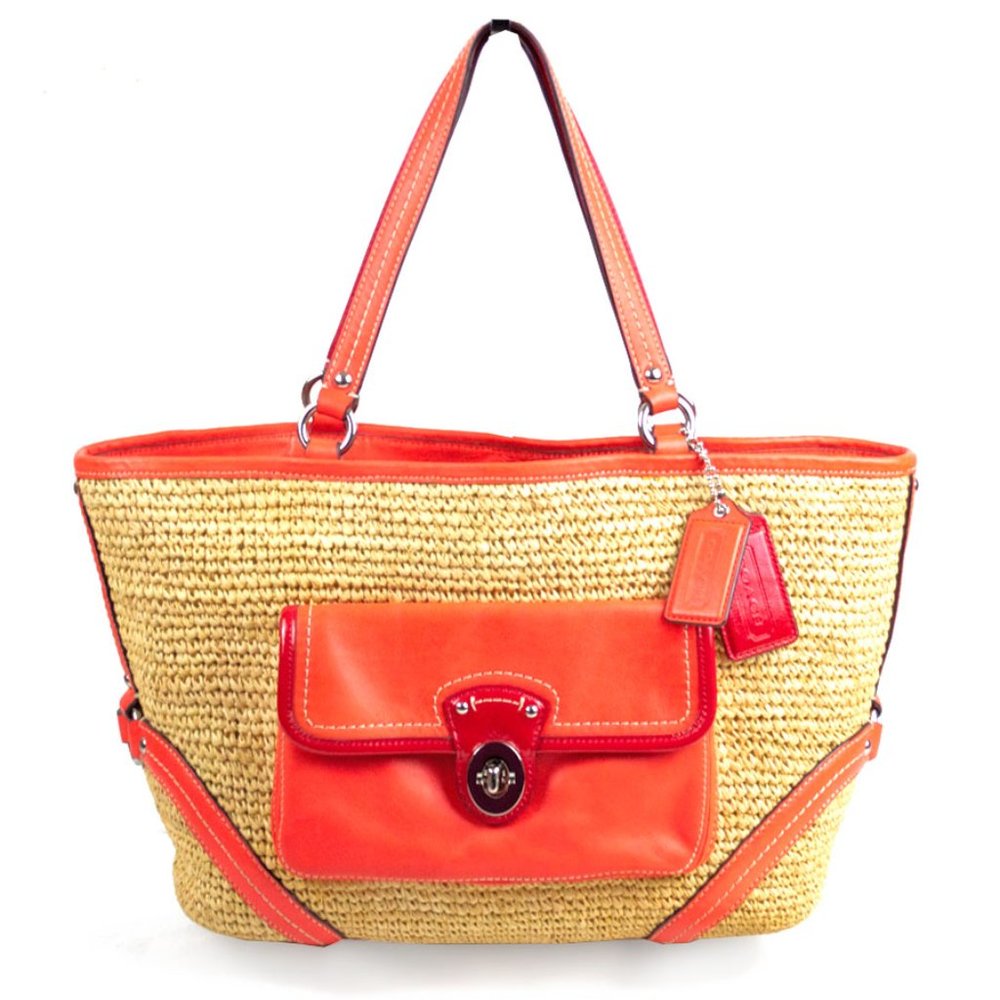 Coach Straw Natural & Tangerine Leather Shopper Pocket Tote Bag - Picture 3 of 15